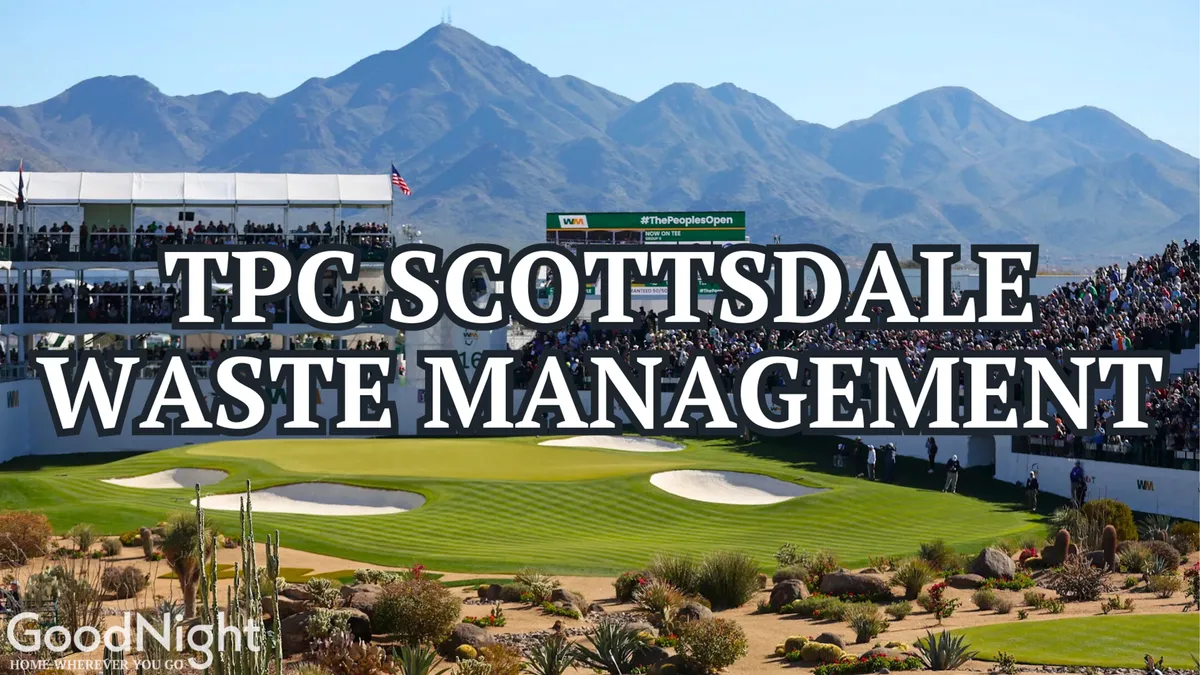 This image captures a bustling golf course scene, with a crowd gathered near a scoreboard and scenic mountains in the background. The energy of spectators, the clear view of the well-maintained green, and the celebratory mood highlight a major sporting event atmosphere.